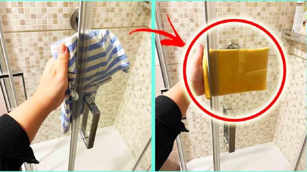 utilisez lastuce des 2 chiffons pour en finir avec le calcaire de la vitre de la douche