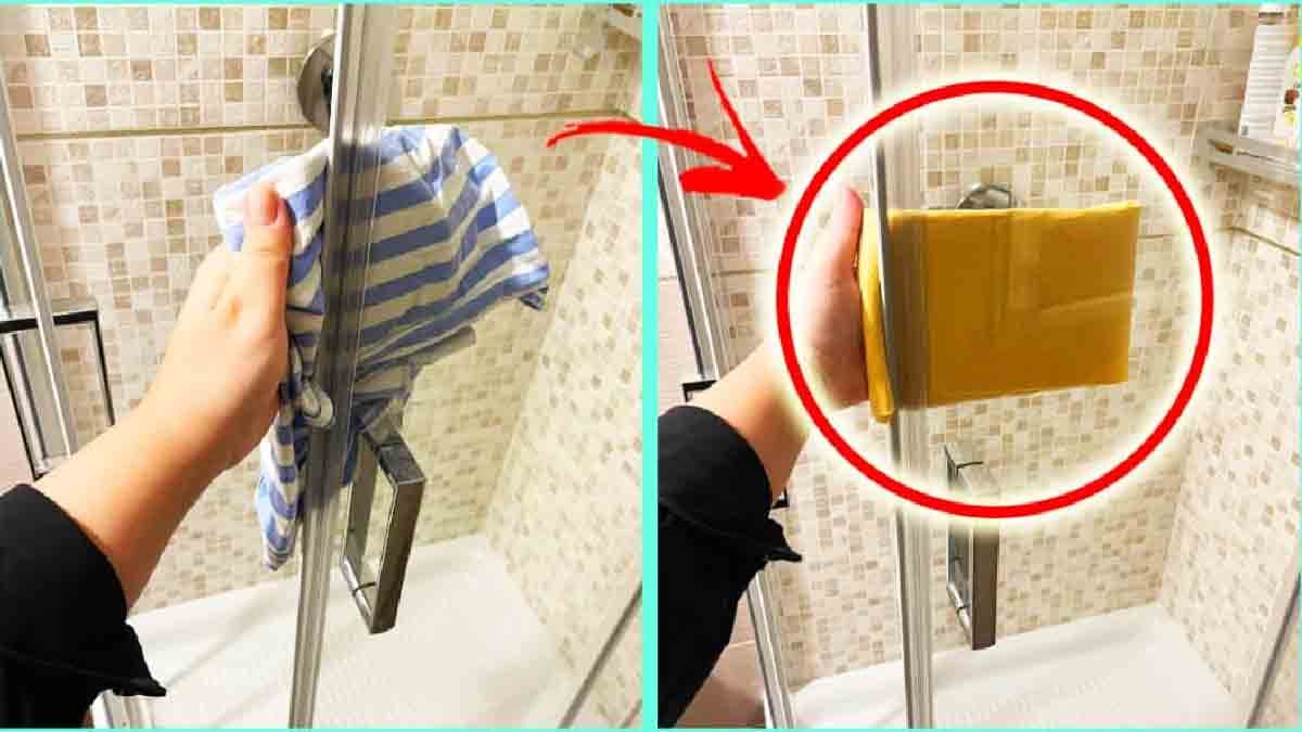 utilisez lastuce des 2 chiffons pour en finir avec le calcaire de la vitre de la douche